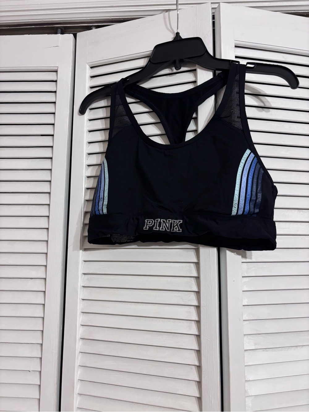 PINK Victoria's Secret Black Sports Bra with Blue Stripe Accents